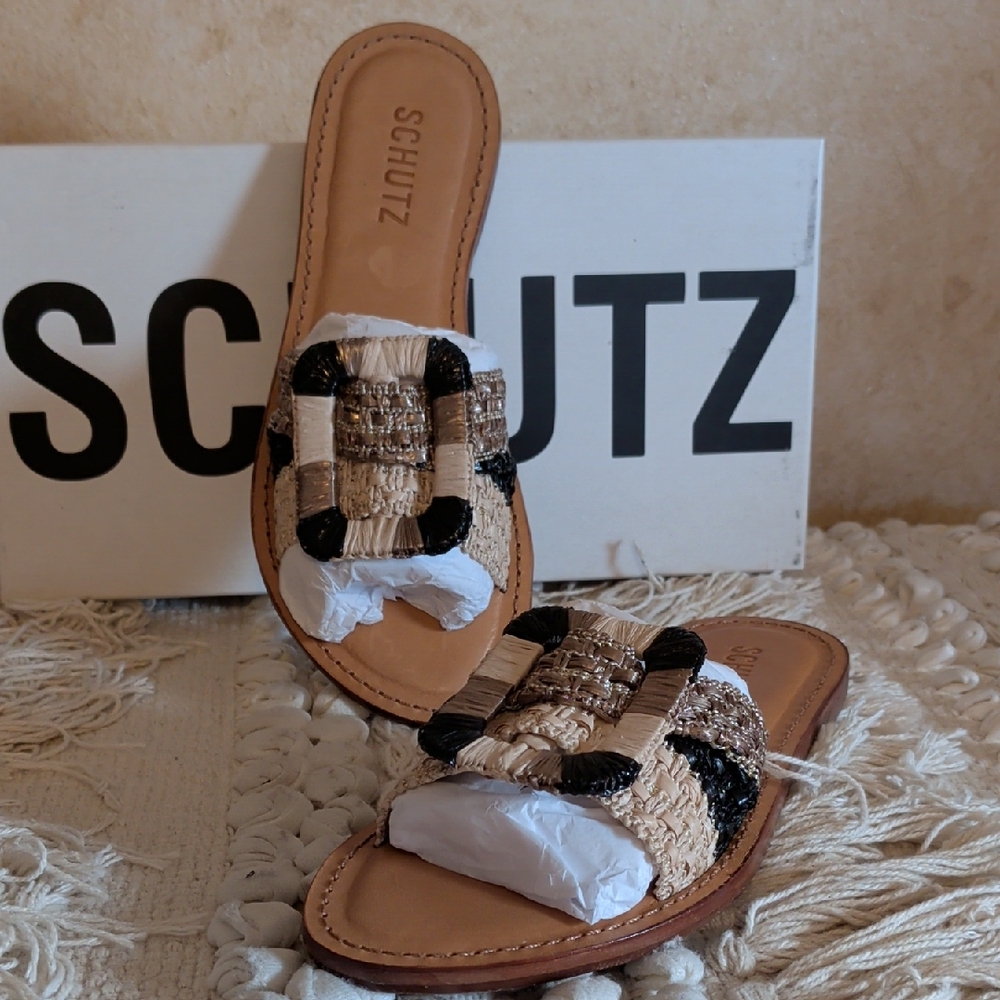 Schutz NIB 7B Raffia& Leather Sandals